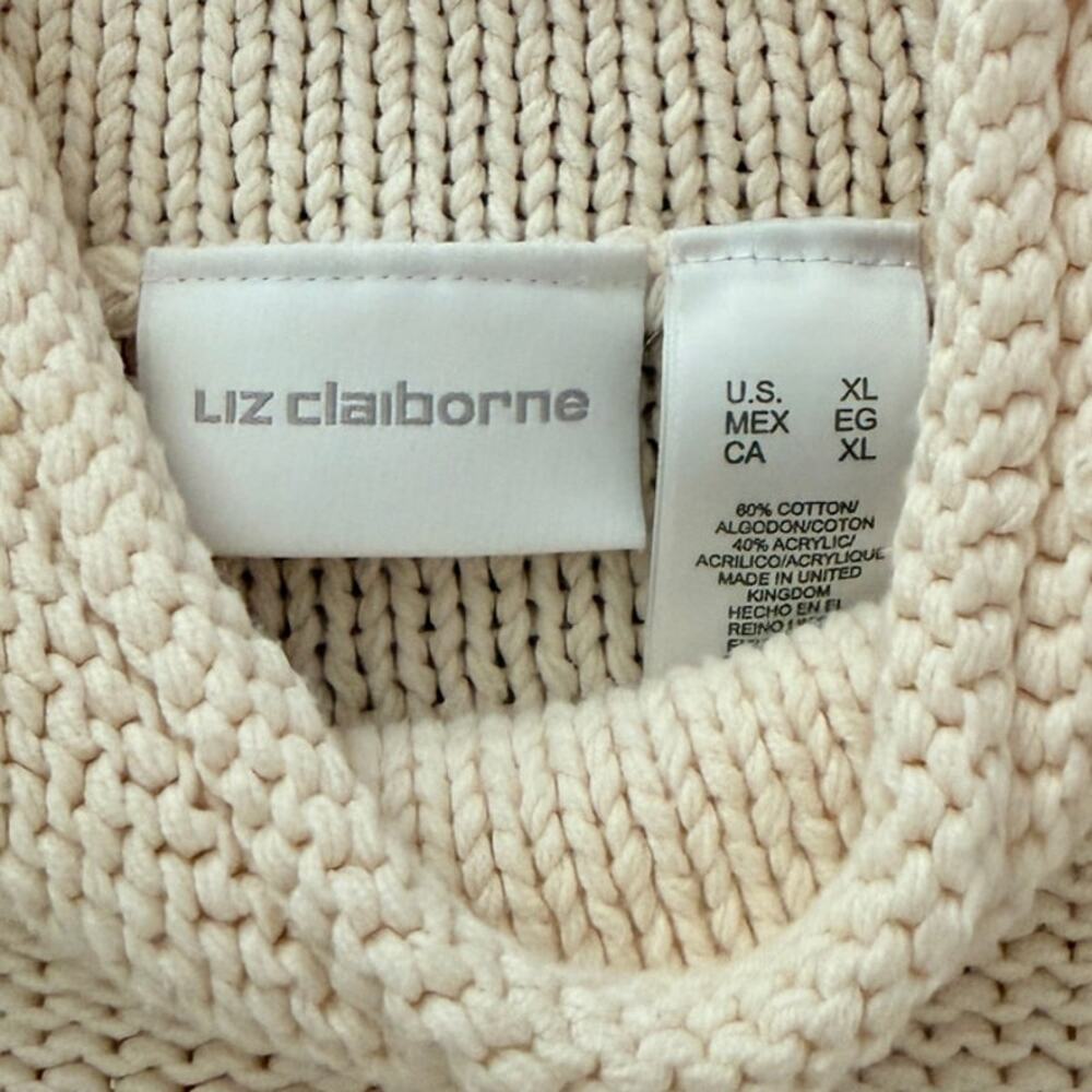 LIZ CLAIBORNE Cotton Chunky Mock-neck Long Slv Fisherman Sweater Cream XL - Picture 3 of 4